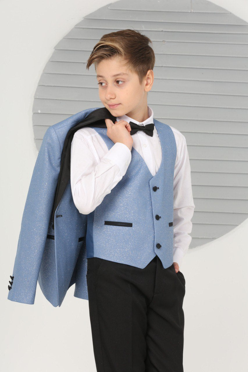 Baby Blue Boys Pageboy Shimmery Wedding Tuxedo Suit Slim Fit 5 Piece Special Occasion Outfit